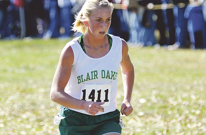 Emily Cumpton (pictured above) and Brett Voss, both of Blair Oaks, earned medals in state cross country competition on Saturday at the Oak Hills Golf Center in Jefferson City. 