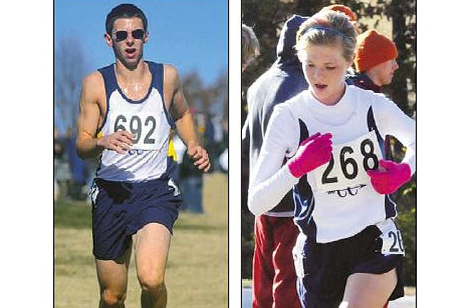 Michael McCoy (left) of Helias finished 18th in the Class 3 boys race Saturday at the Oak Hills Golf Center in Jefferson City. Ali Boudreau (right) of the Lady Crusaders ran in the Class 3 girls event.