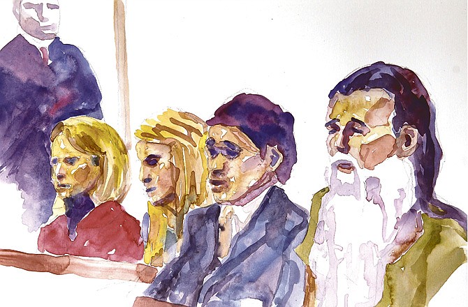 From left, Elizabeth Smart, Mary Katherine Smart, defense attorney Robert Steele and Brian David Mitchell are depicted in this courtroom sketch Monday in Salt Lake City. Opening arguments in the Brian David Mitchell trial relating to the kidnapping of Elizabeth Smart in 2002 resumed Monday after a three-judge panel of the Federal Appeals Court stopped the trial last Thursday in a motion to have it moved out of Utah. 