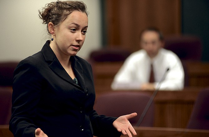 Jaclyn Kinkade, of Saint Louis University, questions a witness during competition at the Attorney General's Cup on Saturday morning in Jefferson City. Students from Missouri's four law schools tested their ability to argue jury trials. 