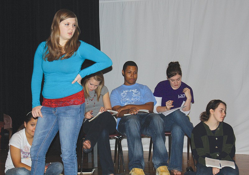 Moriah Turick rehearses with fellow Drama Club students for her role as Sonia, the temptress, in the play "Godspell." Fulton High School students will perform the play on Feb. 10, 11 and 12.