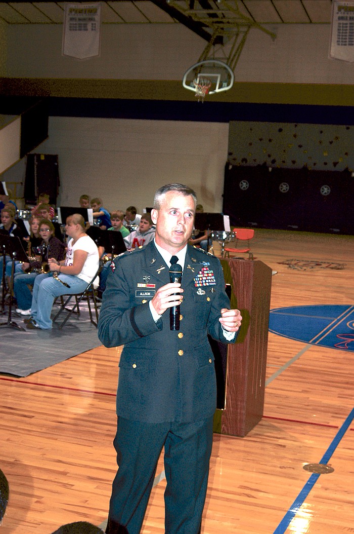 Lt. Col. Greg Allison speakes to California Middle School students at the Veterans day Assembly, Thursday, Nov. 11. Allison is the parent of a CMS student.