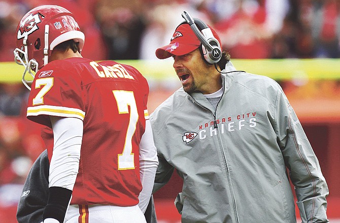Chiefs coach Todd Haley (right) talks with quarterback Matt Cassel during the first half of a game last month against the Bills at Arrowhead Stadium. The Chiefs are looking to bounce back Sunday at home against the Cardinals. 