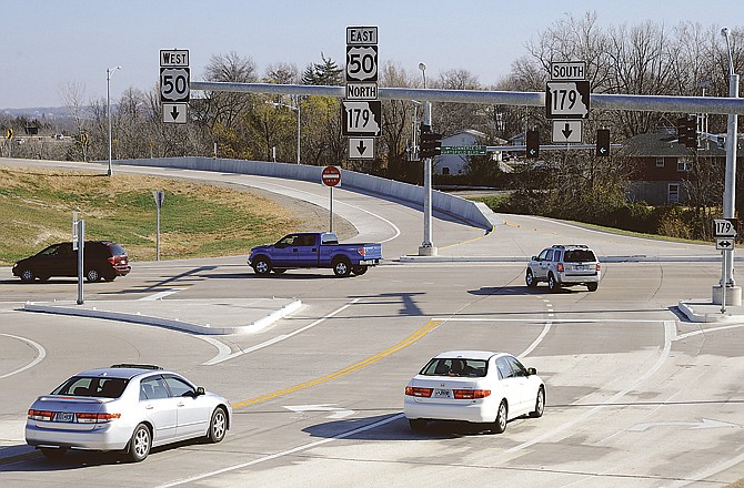 Traffic merges onto Missouri 179 from the new Missouri Boulevard ramp on Tuesday morning. 