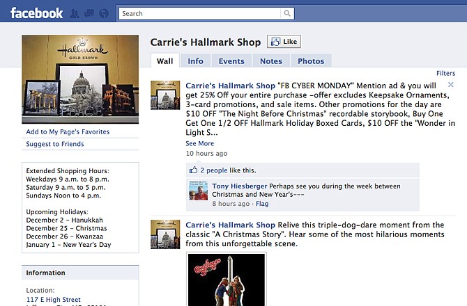 The Facebook page for Carrie's Hallmark Shop in Jefferson City points to savings, not online but in the store, for Cyber Monday. 