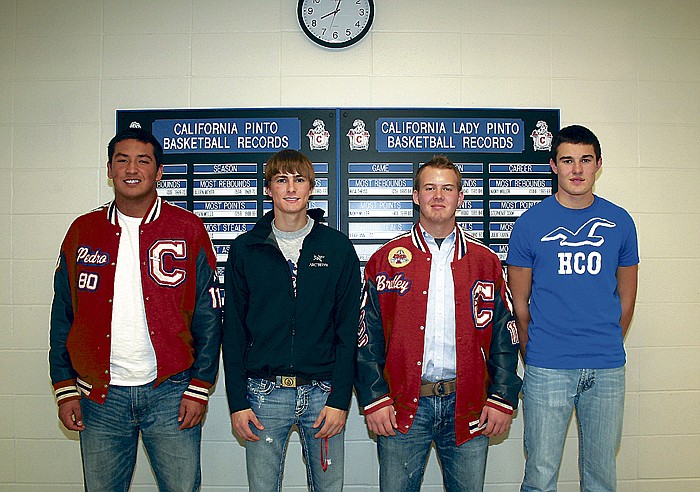 Four California High School varsity football players were recently named to the Class 3 All-District football teams by the Missouri Sportswriters and Sportscasters Association. From left are senior Pedro Corona, who was named to the first team as an offensive lineman, and named to the first team as a defensive lineman; junior Adam Burger, second team, receiver, and second team, defensive back (secondary); senior Brad Fairchild, second team, linebacker; and sophomore Logan Rowles, second team, punter.