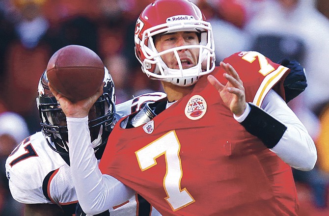 Chiefs quarterback Matt Cassel tries to throw the ball while Broncos linebacker Mario Haggan goes for the sack during last Sunday's game at Arrowhead Stadium. Cassel won't be playing in today's game.