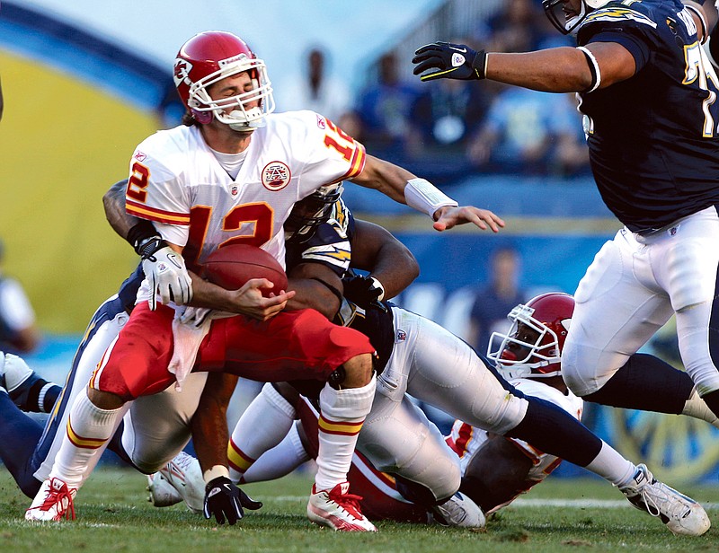 AP
Chiefs quarterback Brodie Croyle gets sacked by Chargers linebacker Stephen Cooper during the second half of Sunday's game in San Diego.