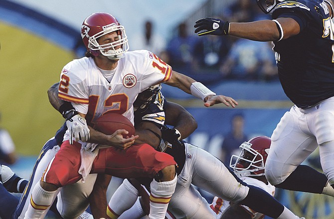 Chiefs quarterback Brodie Croyle gets sacked by Chargers linebacker Stephen Cooper on Sunday in San Diego. 