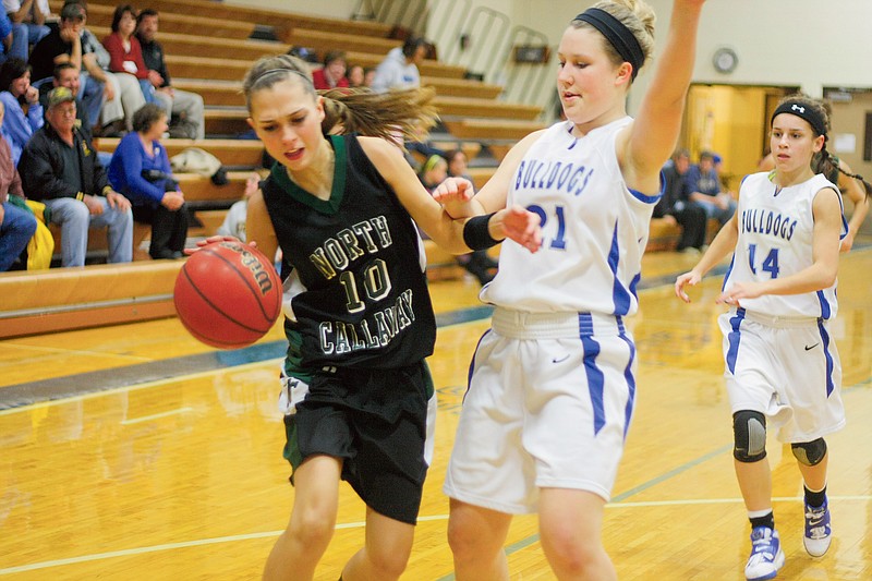 Stephanie Backus/FULTON SUN photo: North Callaway sophomore guard Jordan Gray dribbles past South Callaway defender Jenna Boulger in the Lady Birds 55-37 Mid-Missouri Conference victory on Monday night. 