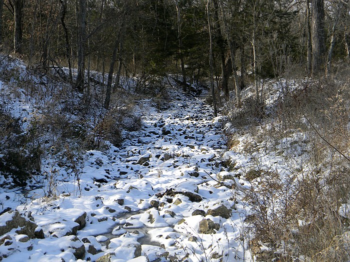 A photo of a stream just outside California covered with the first snow which fell Saturday and Sunday Dec. 11 and 12.