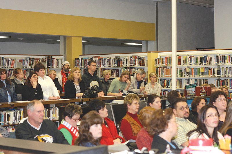 Mandi Steele/FULTON SUN: Many crowded into the Fulton High School Library to attend the school board work session Tuesday evening.