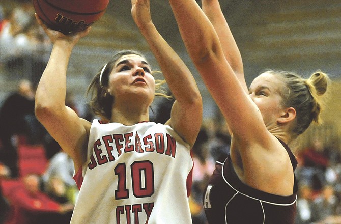 Kristin Burnett of the Jefferson City Jays is coming off a 10-point, 12-rebound performance against the Hickman Kewpies last week in Columbia. 