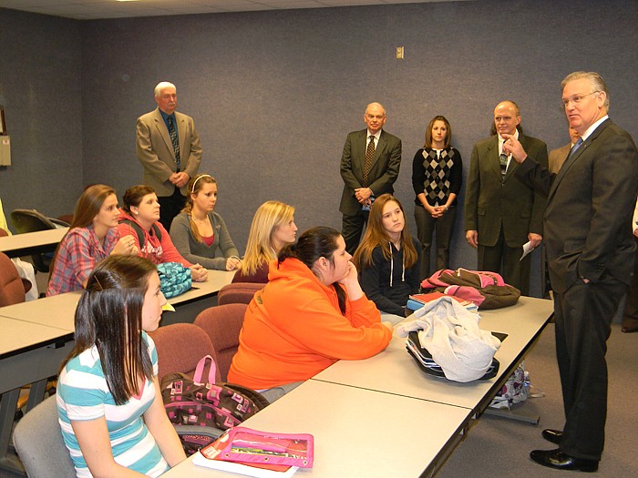 Gov. Jay Nixon meets with Russellville students Thursday and talks about the importance of the A+ Program while applauding the school's designation in the program.