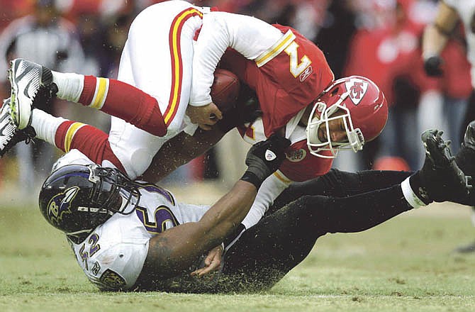 Chiefs quarterback Matt Cassel is sacked by Ravens linebacker Ray Lewis for a 10-yard loss during the fourth quarter of Sunday afternoon's game at Arrowhead Stadium in Kansas City.