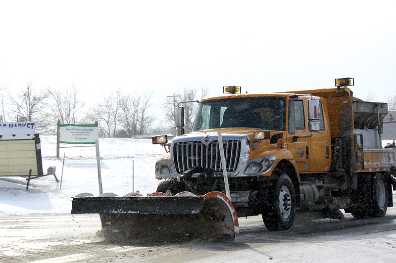 Mandi Steele/FULTON SUN photo: A MoDOT snow clearing truck was out Tuesday plowing Business 54 in Fulton. The department reported U.S. 54 and I-70 throughout Callaway County were cleared of snow as of 4 p.m. Tuesday.