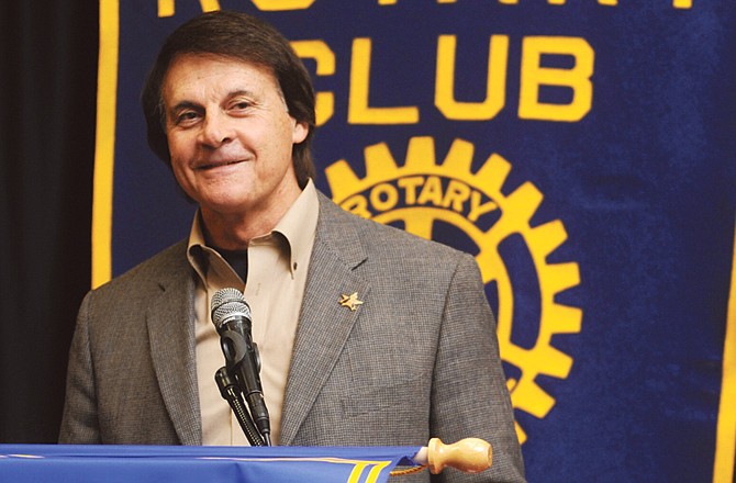 Cardinals manager Tony La Russa takes questions from the crowd during Rotary Club luncheon Monday at the Capitol Plaza Hotel.