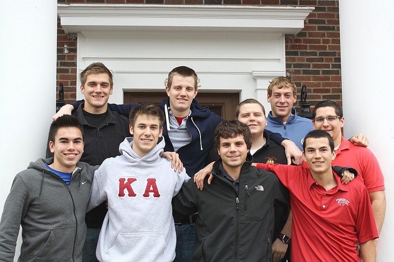 Mandi Steele/FULTON SUN photo: Members of Kappa Alpha Order of Westminster College started Brothers for Others, an outreach program that donates to local charities. (Above left) Daniel Hohenstein, Kevin Moritz, Timothy Marting, Kelsey Weymuth, Nick Hoag, (below left) Sean Peterson, David Berry, Adam Ross and Graham Cloyd are the officers of Kappa Alpha and part of Brothers for Others.