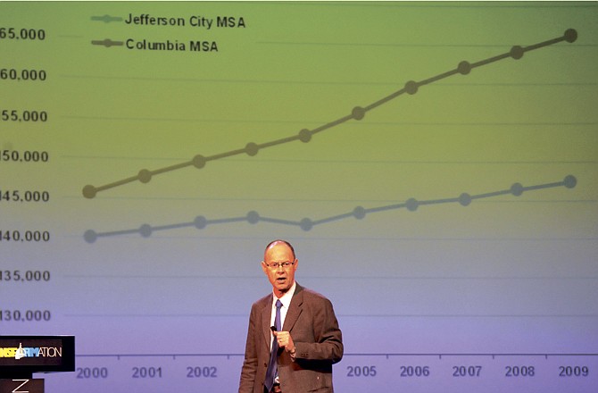 Jon Roberts outlines a strategic plan for Jefferson City during the Jefferson City Area Chamber of Commerce Transformation event Wednesday at the Miller Performing Arts Center. 