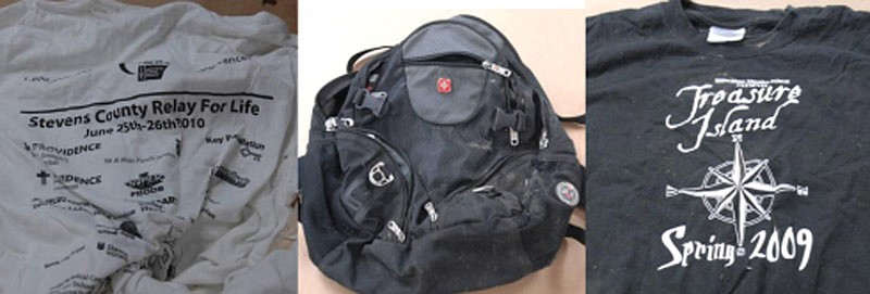 This undated photo combo provided by the Federal Bureau of Investigation shows the t-shirts contained within a backpack, center, found on a bench at the corner of North Washington Street and West Main Avenue in Spokane, Wash. on Monday, Jan. 17, 2011. The FBI is seeking information connected to the identity of the person or persons seen with this Swiss Army-brand backpack. The bag contained a sophisticated explosive that had a remote detonator and the ability to cause many casualties, an official familiar with the case said. The FBI said it has no suspects in the case and has asked the public for help in identifying anyone who might have been seen in the downtown area where the bomb was found. (AP Photo/FBI)
