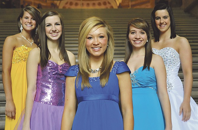 The Jefferson City Winter Sports Court includes, from left, Erin Carrell, Shelby Bethards, queen Alyssa Cardon, Jordan Burkhardt and Renzi Crowe. 