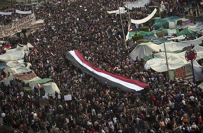 Thousands of Egyptian anti-Mubarak protesters take part in a demonstration Tuesday in Tahrir Square in Cairo, Egypt.