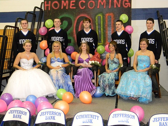 The 2011 Russellville Homecoming Royal Court of candidates, escorts and 2011 Homecoming Queen Jamie Smith; front row, from left, are Kelsey Shikles, Abby Payne, Smith, Taylor Kilson and Abby Kautsch; back row, Shane Kilson, Rusty Calvin, Kyle Peek, Kaleb Payne, Alex Barbour.