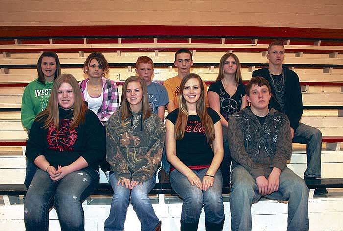 Prairie Home School students who competed at the CCAA Art Show Jan. 24-29 at Jamestown School, front row, from left, in Creative Expression are Dani Smith, Krista Small and Melanie Bryan, and in Painting, Aaron Goff; back row, in Painting, Kalindra Bowlin, and in Drawing, Amber Frank, Jeff Rinacke, Kody Utterback, Marissa Schnell and Logan Hettinger. Rayce Kendrick also competed in Drawing, but was not present for the picture.