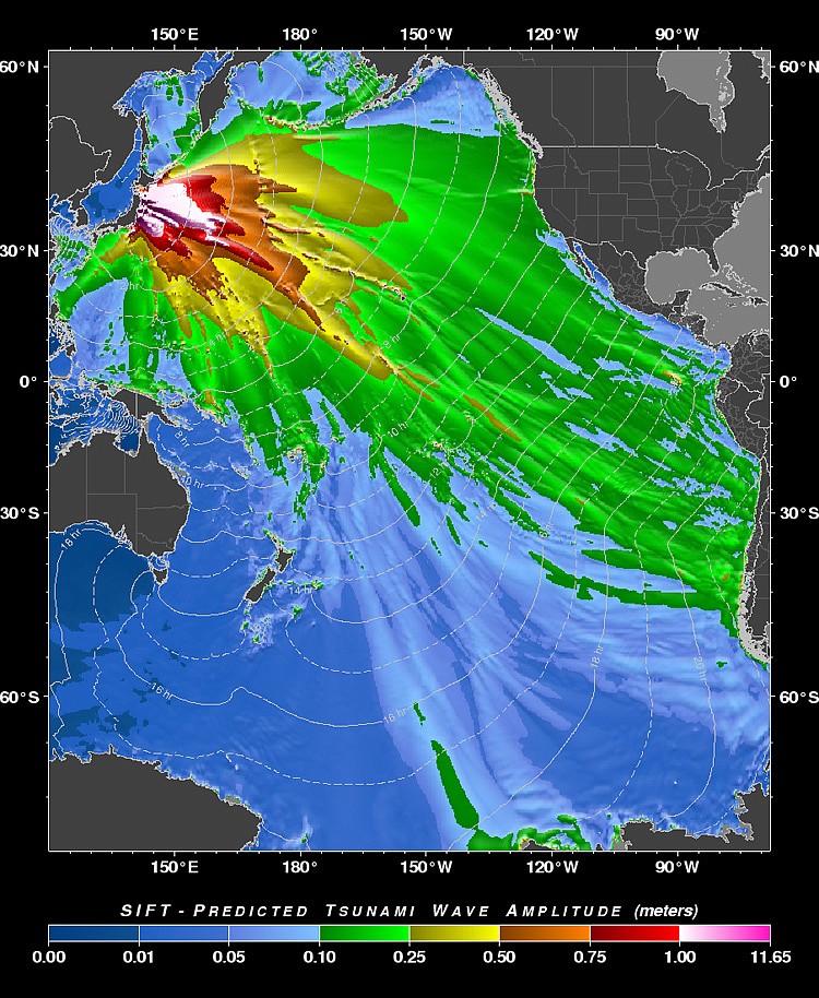 This image provided by the Pacific Tsunami Warning Center shows  a "tsunami forecast model" created by the Pacific Tsunami Warning Center in Ewa Beach, Hawaii predicting the wave height of the tsunami generated by the Japan earthquake Friday March 11, 2011. The Hawaii's islands are located at the edge of the yellow pattern, but waves could be higher along the coastline when the tsunami arrives. (AP Photo/Nathan Becker - Pacific Tsunami Warning Center)
