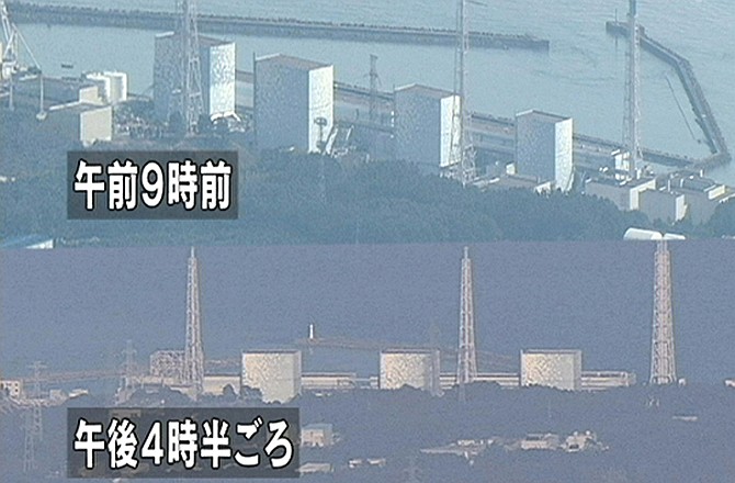 In these combo images made from Japan's NHK television, the Fukushima Daiichi power plant's Unit 1 is seen before (top) and after (bottom) an explosion in Okumamachi, Fukushima prefecture, Japan, Saturday, March 12, 2011. The walls of the building at the nuclear power station crumbled Saturday as smoke poured out and Japanese officials said they feared the reactor could melt down following the failure of its cooling system in a powerful earthquake and tsunami. The damaged steel structure of Unit 1 can be seen at left after the walls crumbled. Japanese characters read: "before 9 a.m., top," and "at around 4:30 p.m." 