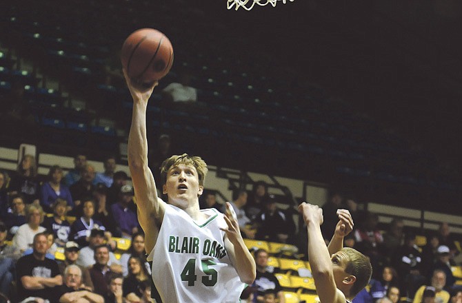 
Daniel McCarty of the Blair Oaks Falcons goes up for a shot during Saturday afternoon's Class 3 quarterfinal game against the Strafford Indians at the Hammons Student Center in Springfield. 