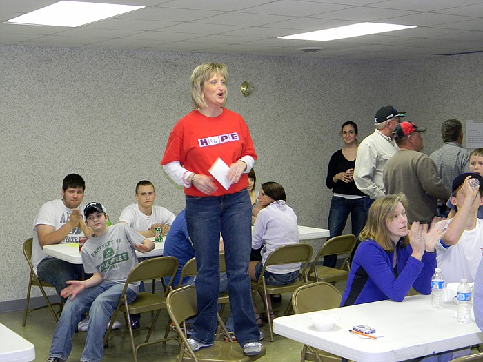 Clean Up Crew Ninth Annual Pitch Tournament Coordinator Leisa Hees welcomes all to the tourney held Saturday, March 12 at the Jamestown Community Building.