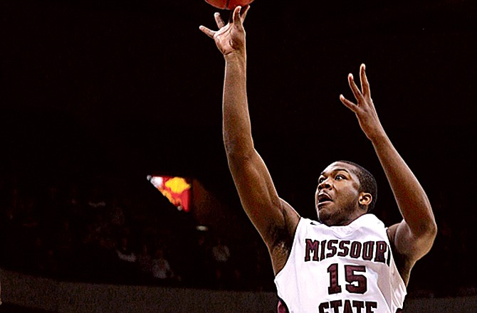 Jermaine Mallet of Missouri State puts up a shot during Tuesday night's game against Murray State at JQH Arena in Springfield.