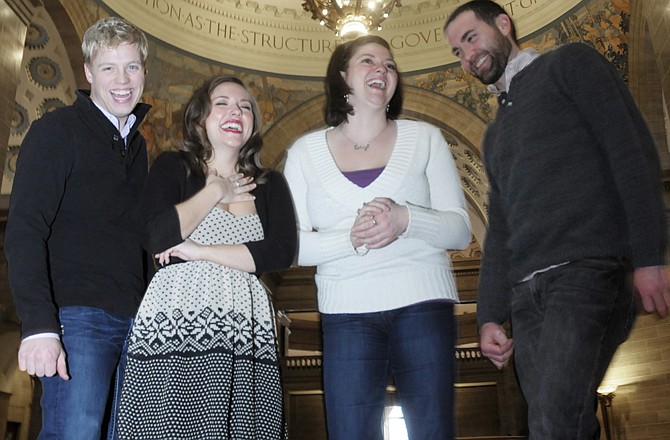 Actors for St. Mary's Foundation Heart Fund's upcoming fundraising performance entitled "A Little Night Music" pose in the Capitol rotunda. They are, from left, Brandon Sankpill, Aislinn Lowry, Corey Dunne and Adam McCall. 