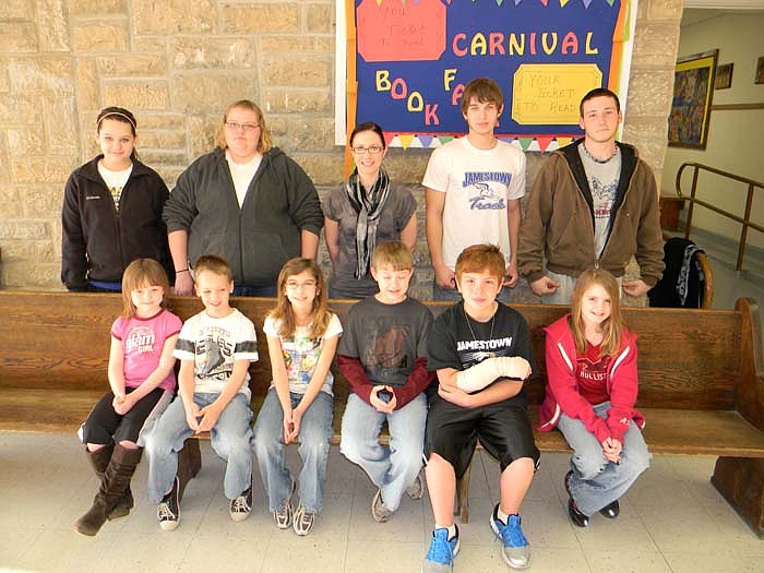 Jamestown Citizens of the Month for February; front row, from left, are kindergartner Brienna, first grader Bradley, second grader Anna, third grader Dalton, fourth grader Kolby and fifth grader Kelsey; back row, sixth grader Paige and seniors Tiffany Maurer, Jessi Treese, Austin Owens and Will Conley.