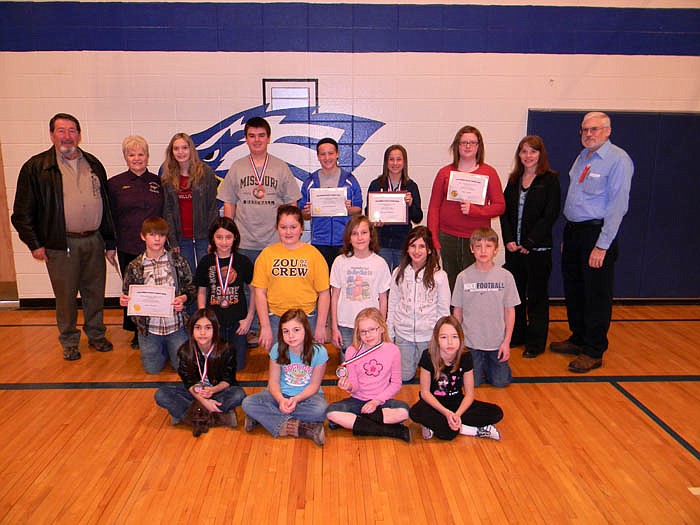 Winners of the Annual Poster and Essay Contest with members of contest sponsor, the Columbia Elks Lodge #594 including Drug Awareness and Prevention Committee Chairs Joyce Wesseldine and Bruce Barrett, and Past Exalted Ruler Carroll Schleeter, who sponsored the contest, and Jamestown School Counselor Brenda Selby, who coordinated the contest.