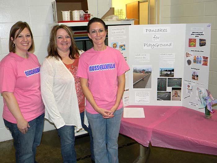 Members of the Russellville PTO Board who volunteered at the Pancakes for Playground fundraiser held Sunday, March 20, at the Russellville Elementary School Cafeteria; from left, are Sarah Oligschlaeger (treasurer), Karla Burkman (secretary) and Kim Gier (president).