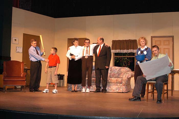 The first non-musical play in many years, "The Nerd," is performed at the Finke Theatre with performers, from left, Axle Hammond (Dennis Donley), Thor Waldgrave (Luke Freeman), Clelia Waldgrave (Ramona Hader), Rick Steadman "The Nerd" (Nathaniel Donley), Warnock Waldgrave (Roy Barnard), Tansey McGinnis (Becca Barnard) and Willum Cubbert (Jason Gatlin). The play was directed by Audie Cline.