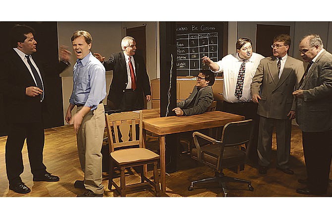 
The cast of "Glengarry Glen Ross" rehearses Tuesday evening at Scene One Productions on High Street in Jefferson City. From left are: Terry Schoonover as Roma, Doug Richardson as Lingk, Warren Kreach as Levene, Tom Baker as Moss, Mark Wegman as Bayler, Brad Jones as Williamson and Mark Miles as Arronow.