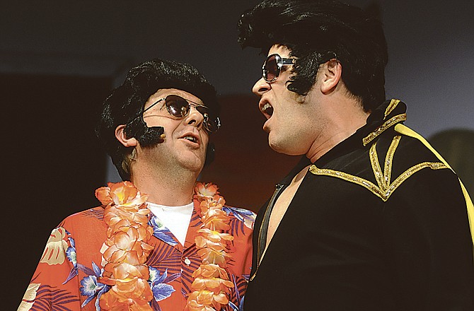 
"Tuna Does Vegas" Elvis impersonators Ken Thompson, left, and Branden Bise rehearse one of their scenes Tuesday evening at Shikles Auditorium. The show opens Friday and runs through April 3. 