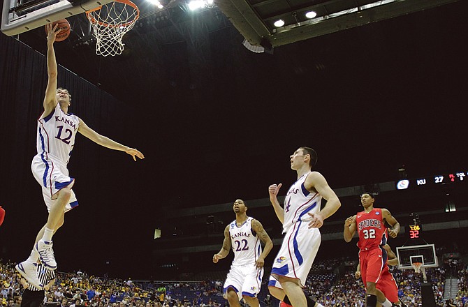 Kansas' Brady Morningstar glides in for a layup during the Jayhawks' win over Richmond in the NCAA tournament Friday in San Antonio.