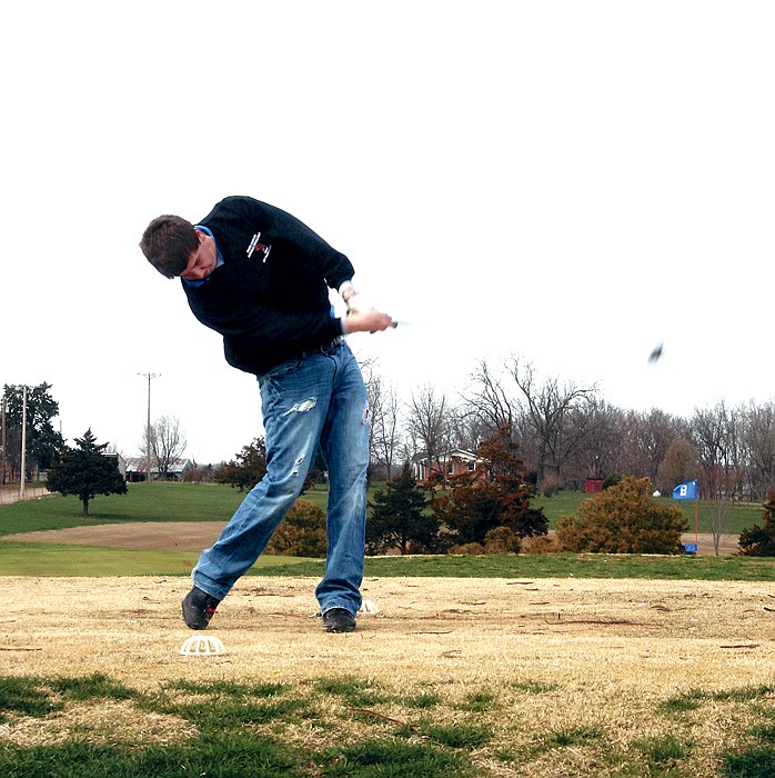 California's Alec Ramsdell tees off at the Pintos' varsity golf match Monday, March 30, at the California Country Club.