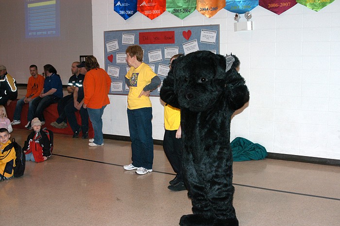 Pride the Safety Dog was on hand at the assembly to urge the students to practice good sensible school bus safety.