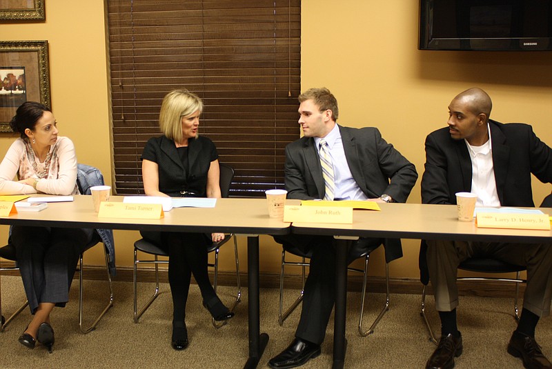 Don Norfleet/FULTON SUN photo: Candidates for the Jefferson City Board of Education appeared Tuesday night at a Candidate Forum in Holts Summit. From left, they are: Marie Peoples, Tami Turner, John Ruth, and Larry D. Henry Jr.