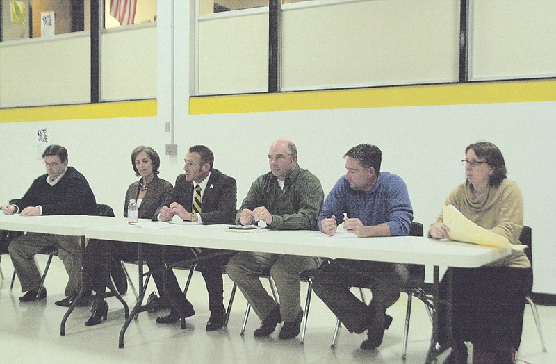 Katherine Cummins/FULTON SUN photo: (From left) Fulton School Board candidates David Hunter, Linda Davis, Clint Smith, Kevin Habjan, Scott King and Kathy Brandon field questions during a candidate forum at the high school Wednesday afternoon.                               