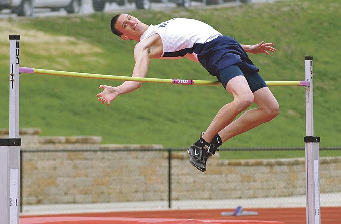 Jake Feldmann of Helias captured the high jump title Wednesday in a triangular with Moberly and Boonville at Adkins Stadium. 