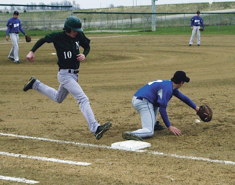 Ryan Boland/FULTON SUN photo: North Callaway sophomore second baseman Justin Murphy is safe at first on an infield error during the first inning of the Thunderbirds' 13-3 manhandling of Montgomery County on Thursday night at Auxvasse.