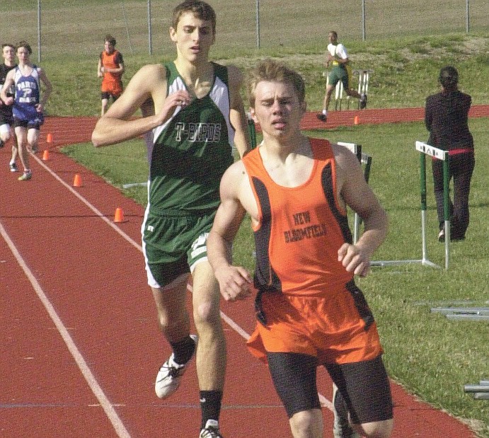 Ryan Boland/FULTON SUN photo: New Bloomfield junior Tyler Spurgeon holds off North Callaway senior Andrew Attebery to win the 800 meters at the 24th-annual MSD Invitational on Friday. Spurgeon's winning time was 2 minutes, 17.07 seconds.