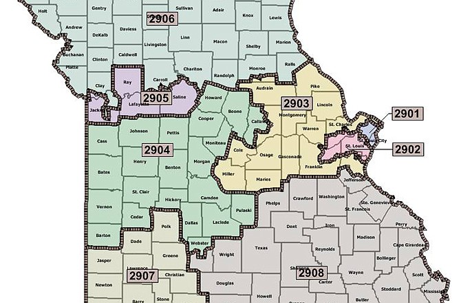 The current Missouri State Senate redistricting plan.