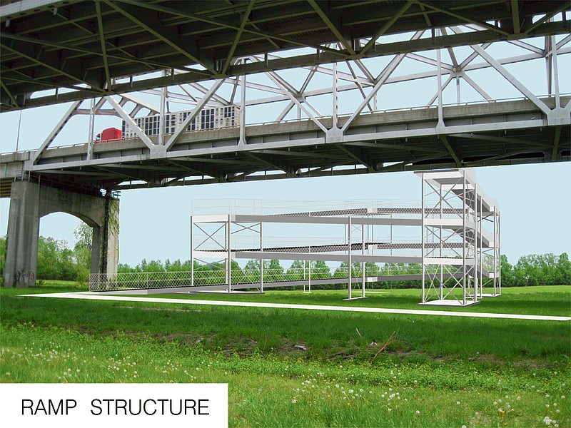 Contributed graphic: Elevated tower with a serpentine ramp in Callaway County on the north side of the Missouri River will take bikers and pedestrians up to the Missouri River twin bridges. The bridge attachment ramp goes under both bridges and emerges on the east side of the eastbound lanes of the Missouri River bridges.